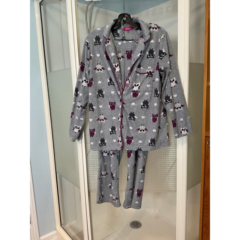 Carisma Pajama Set Womens Medium Gray Excellent Owl Print Fleece 2 Piece PJ